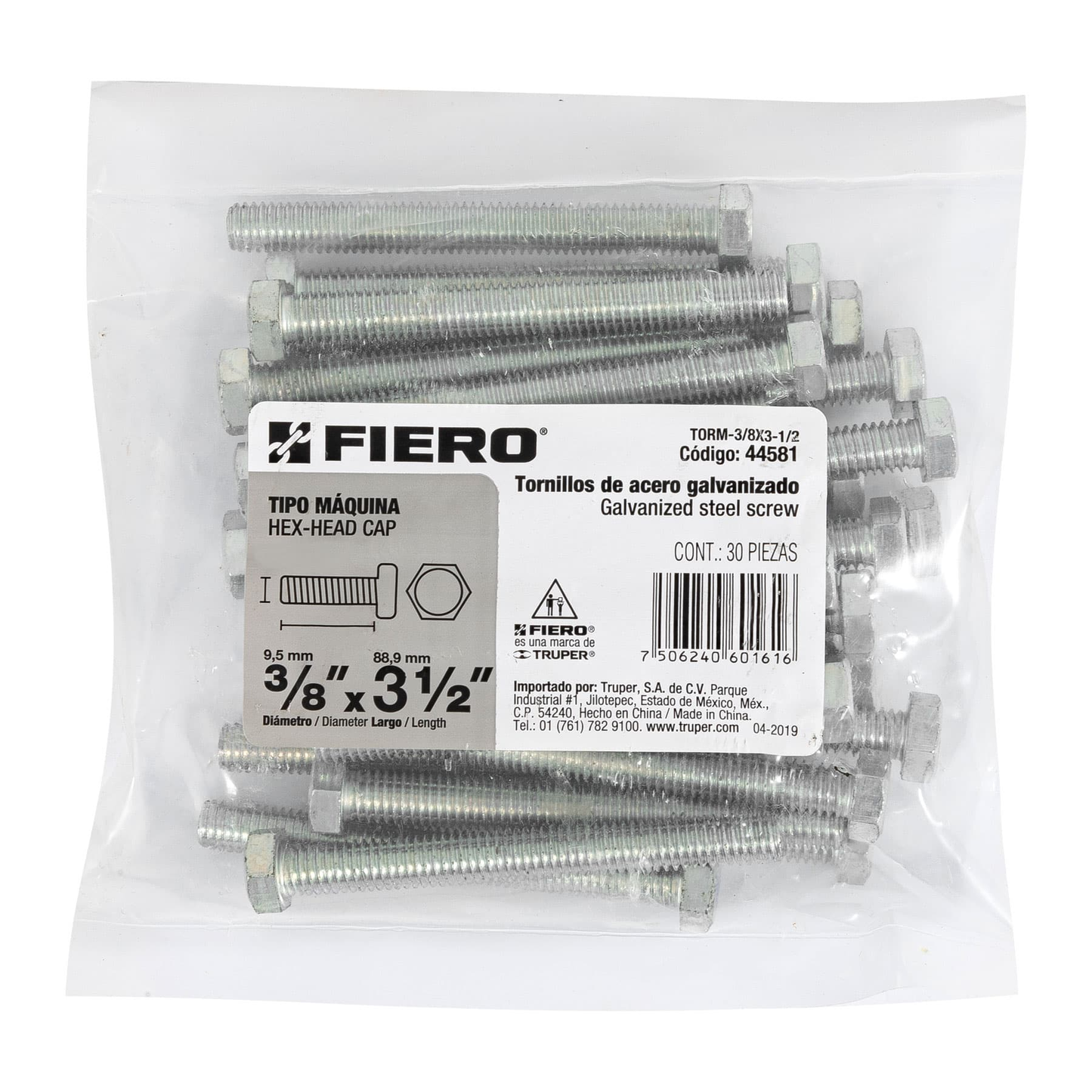 Tornillo acero galvanizado tipo máquina 3/8x3 1/2", 30 pzas