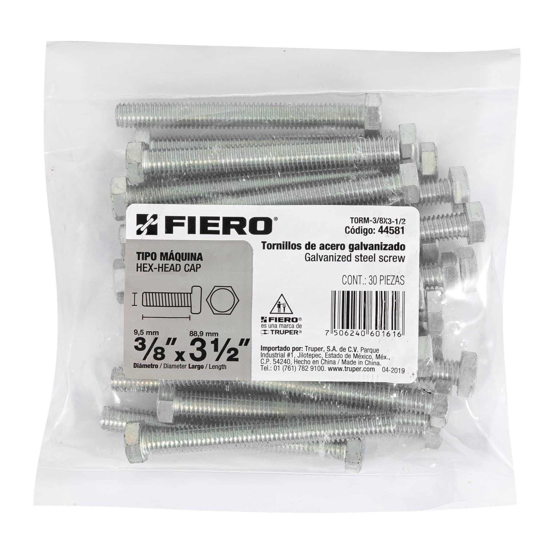 Tornillo acero galvanizado tipo máquina 3/8x3 1/2", 30 pzas