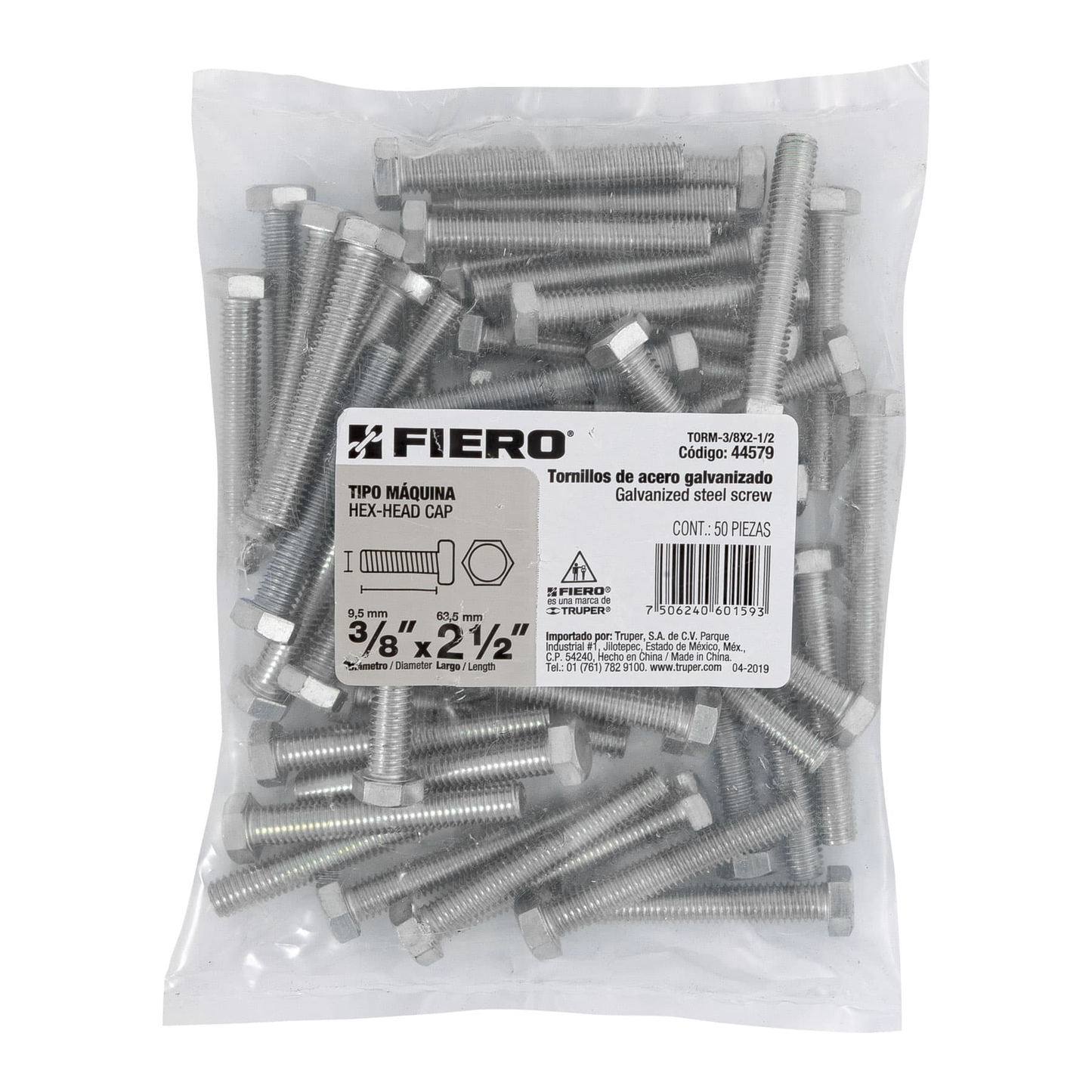 Tornillo acero galvanizado tipo máquina 3/8x2 1/2", 50 pzas