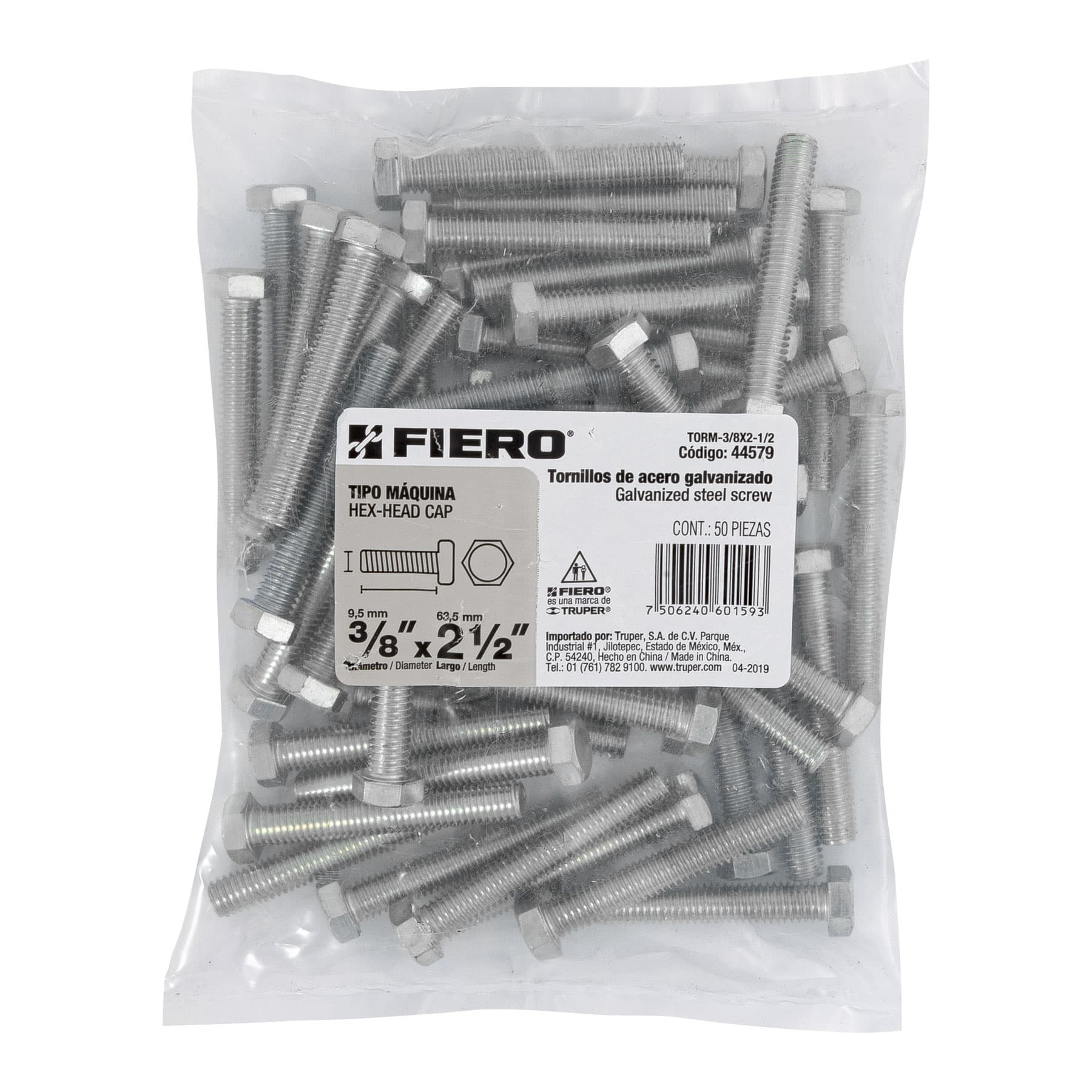 Tornillo acero galvanizado tipo máquina 3/8x2 1/2", 50 pzas