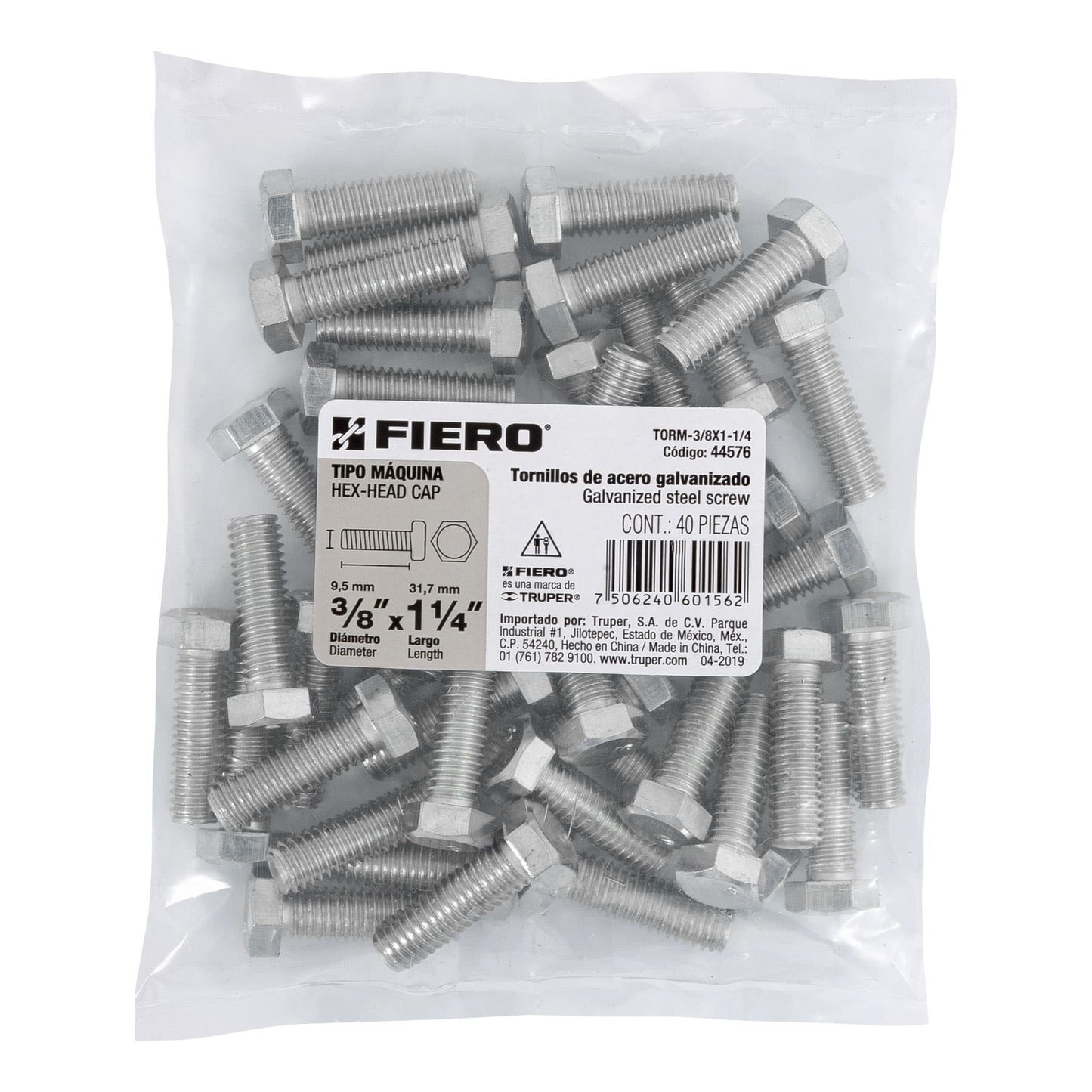 Tornillo acero galvanizado tipo máquina 3/8x1 1/4", 40 pzas