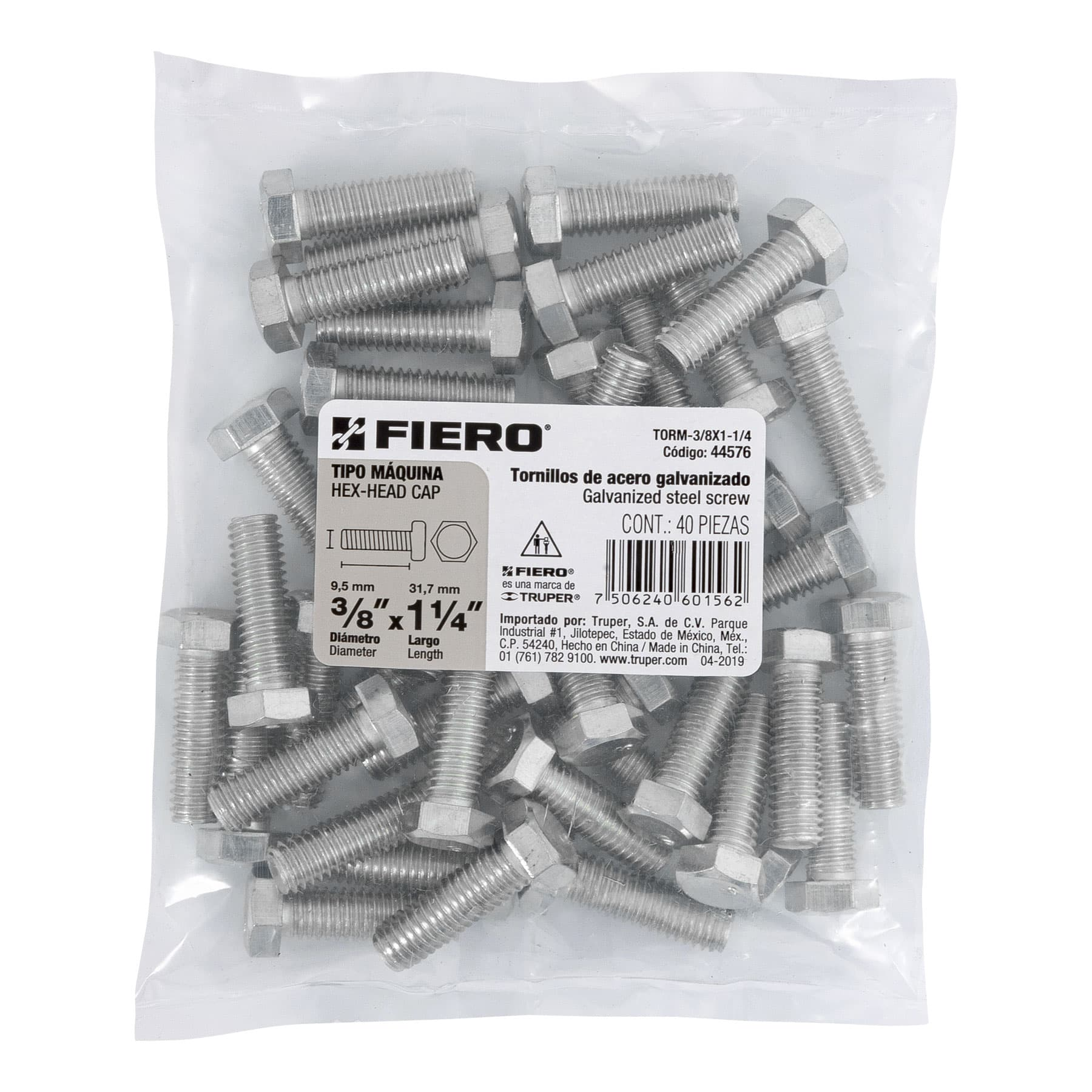 Tornillo acero galvanizado tipo máquina 3/8x1 1/4", 40 pzas