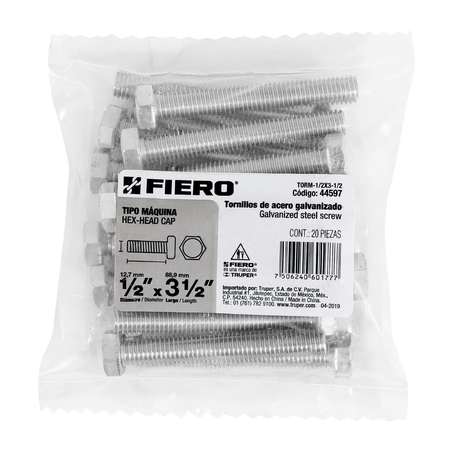 Tornillo acero galvanizado tipo máquina 1/2x3 1/2",20 pzas