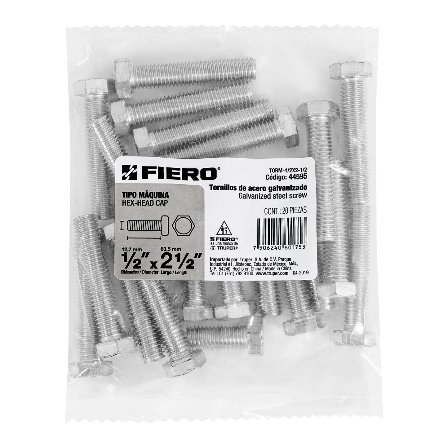 Tornillo acero galvanizado tipo máquina 1/2x2 1/2",20 pzas