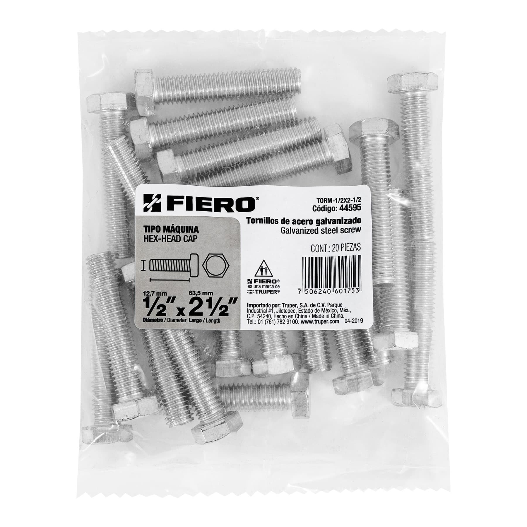 Tornillo acero galvanizado tipo máquina 1/2x2 1/2",20 pzas