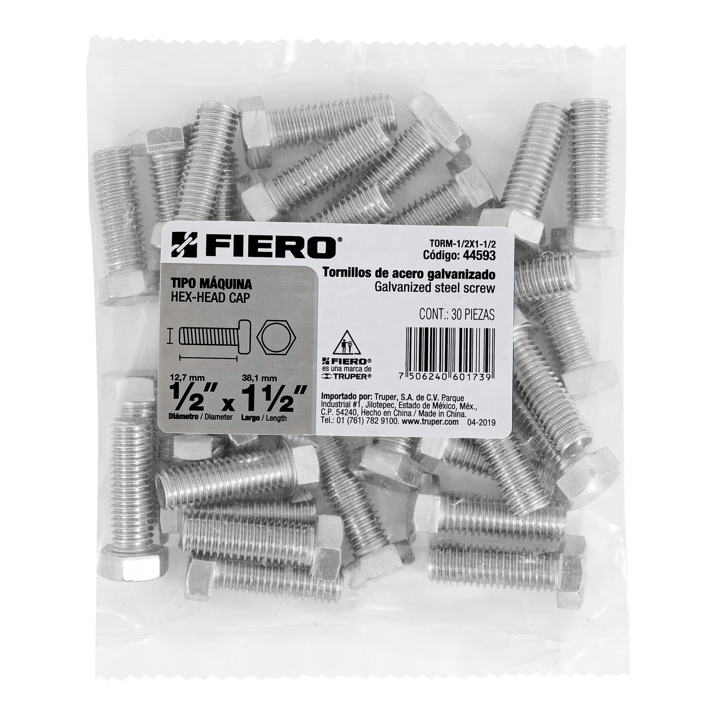 Tornillo acero galvanizado tipo máquina 1/2x1 1/2",30 pzas