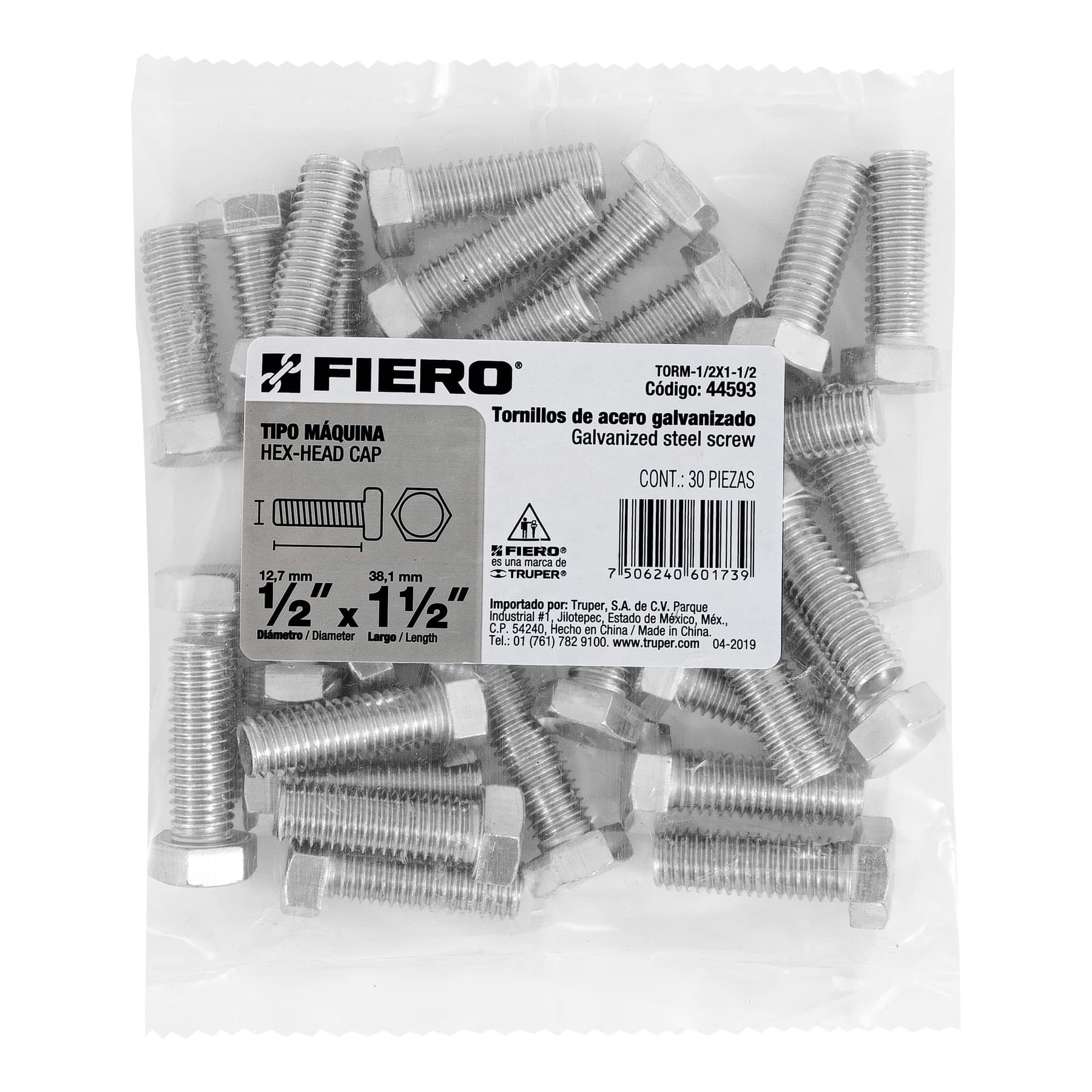 Tornillo acero galvanizado tipo máquina 1/2x1 1/2",30 pzas