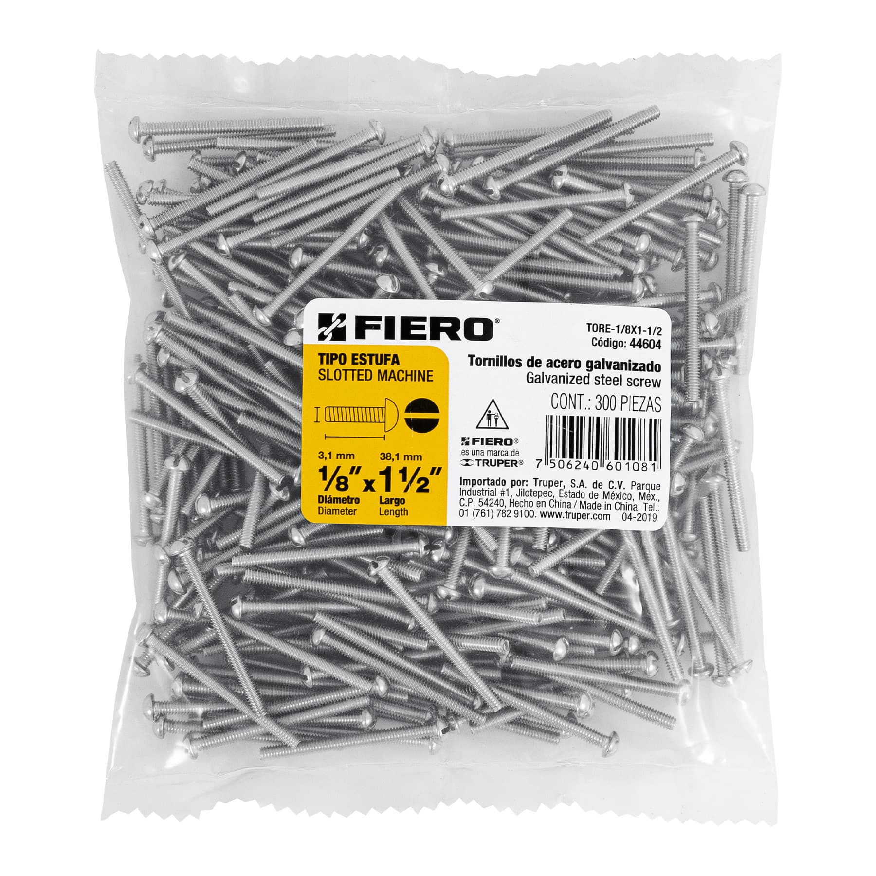 Tornillo acero galvanizado tipo estufa 1/8x1 1/2",300 pzas