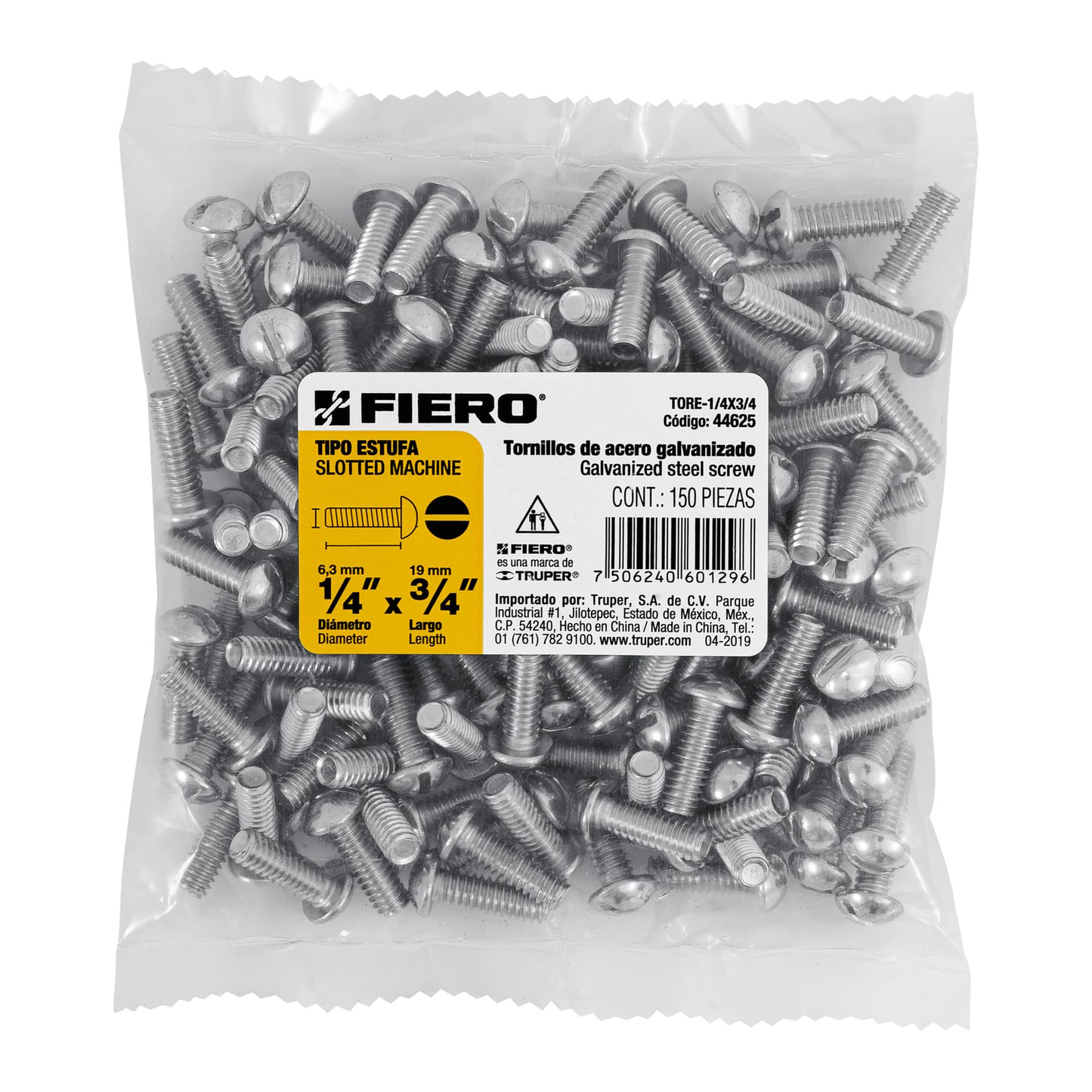 Tornillo acero galvanizado tipo estufa 1/4x3/4", 150 pzas