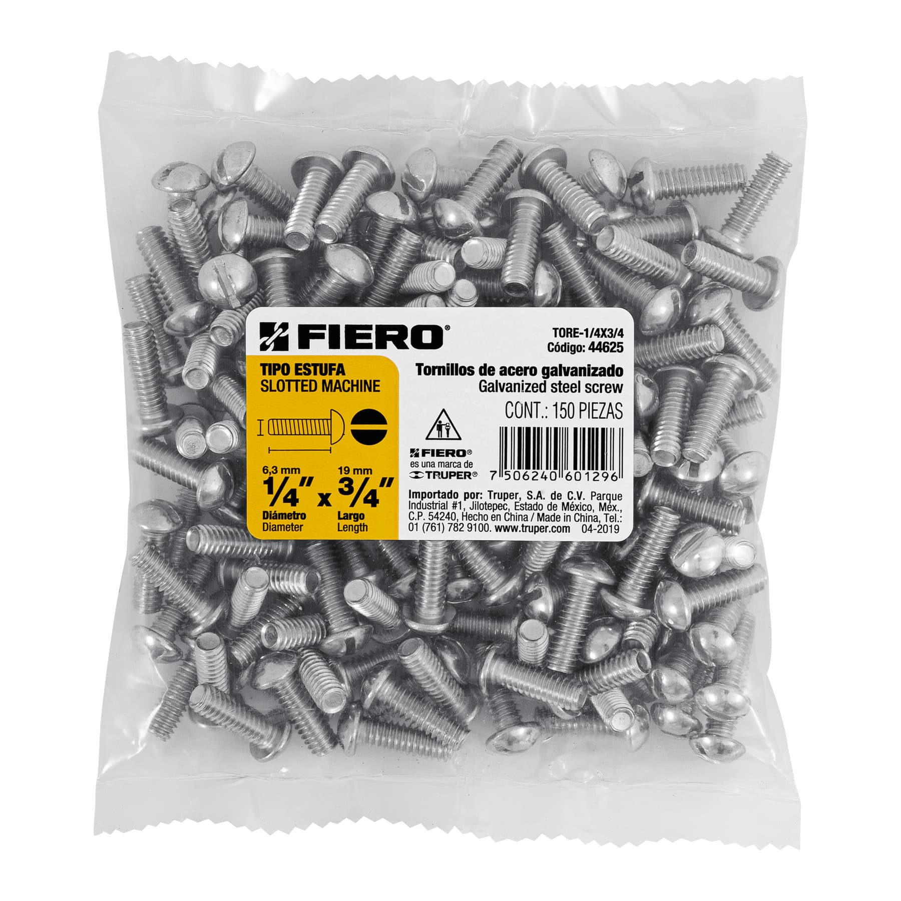 Tornillo acero galvanizado tipo estufa 1/4x3/4", 150 pzas