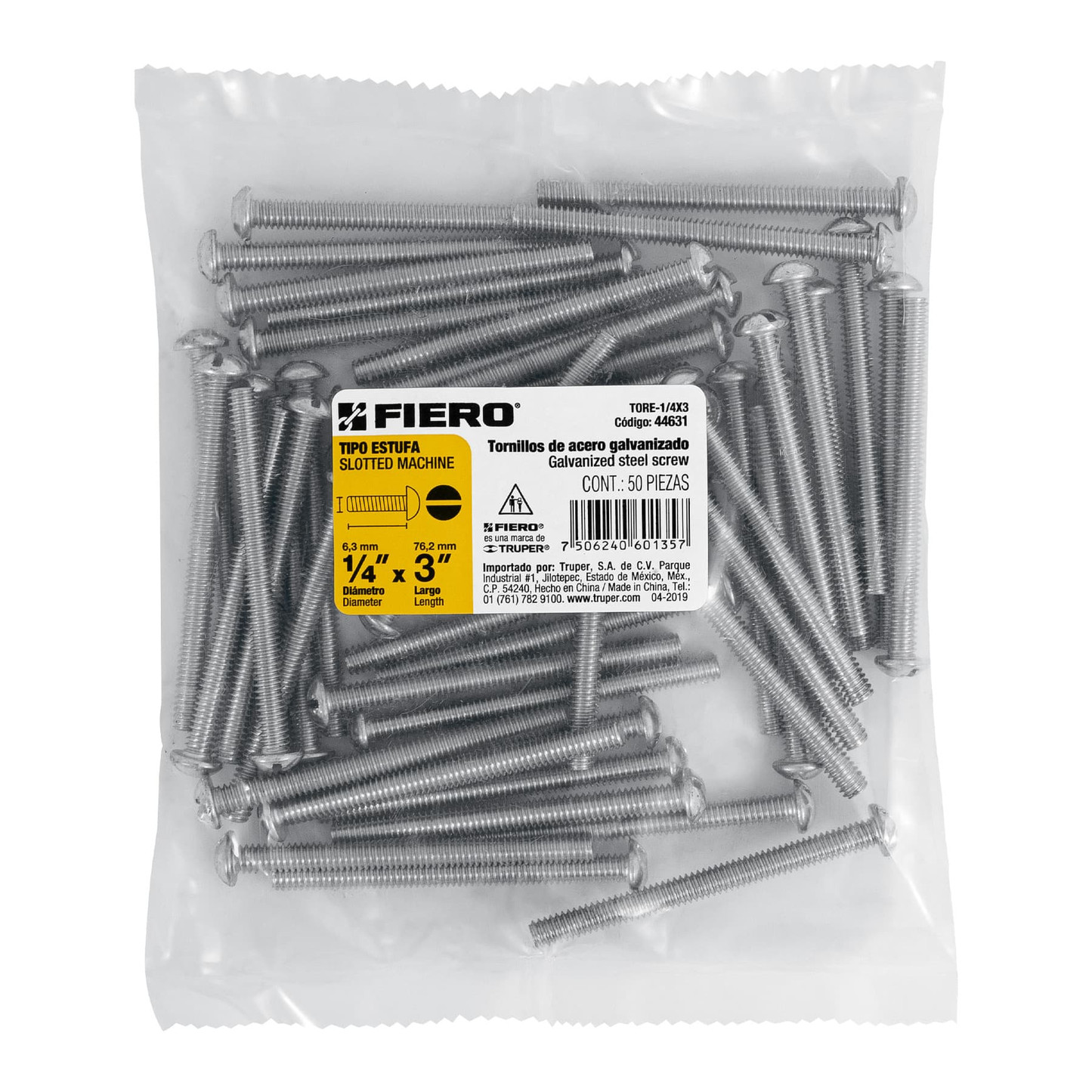 Tornillo acero galvanizado tipo estufa 1/4x3", 50 pzas