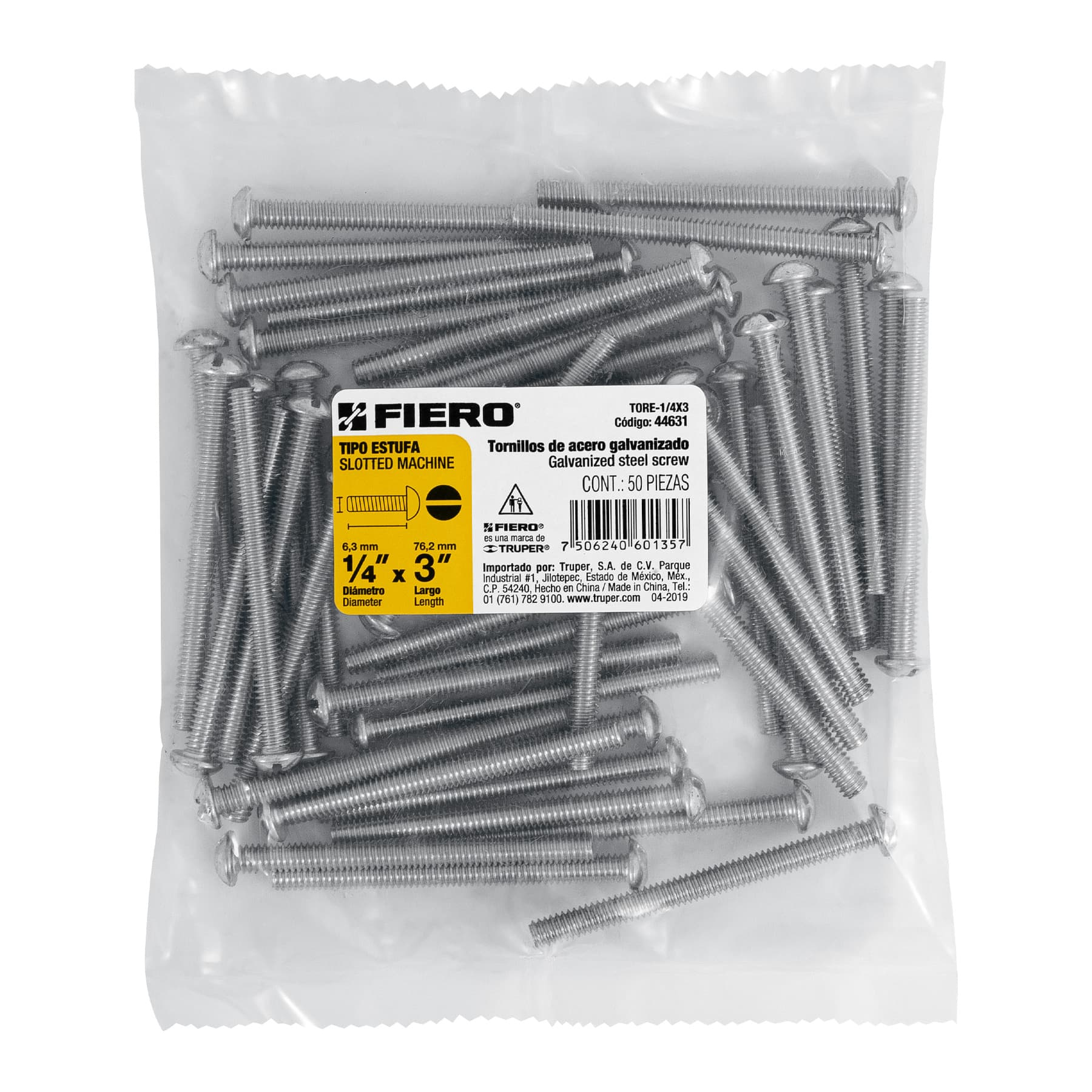 Tornillo acero galvanizado tipo estufa 1/4x3", 50 pzas