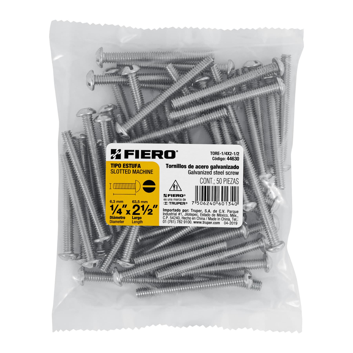 Tornillo acero galvanizado tipo estufa 1/4x2 1/2", 50 pzas
