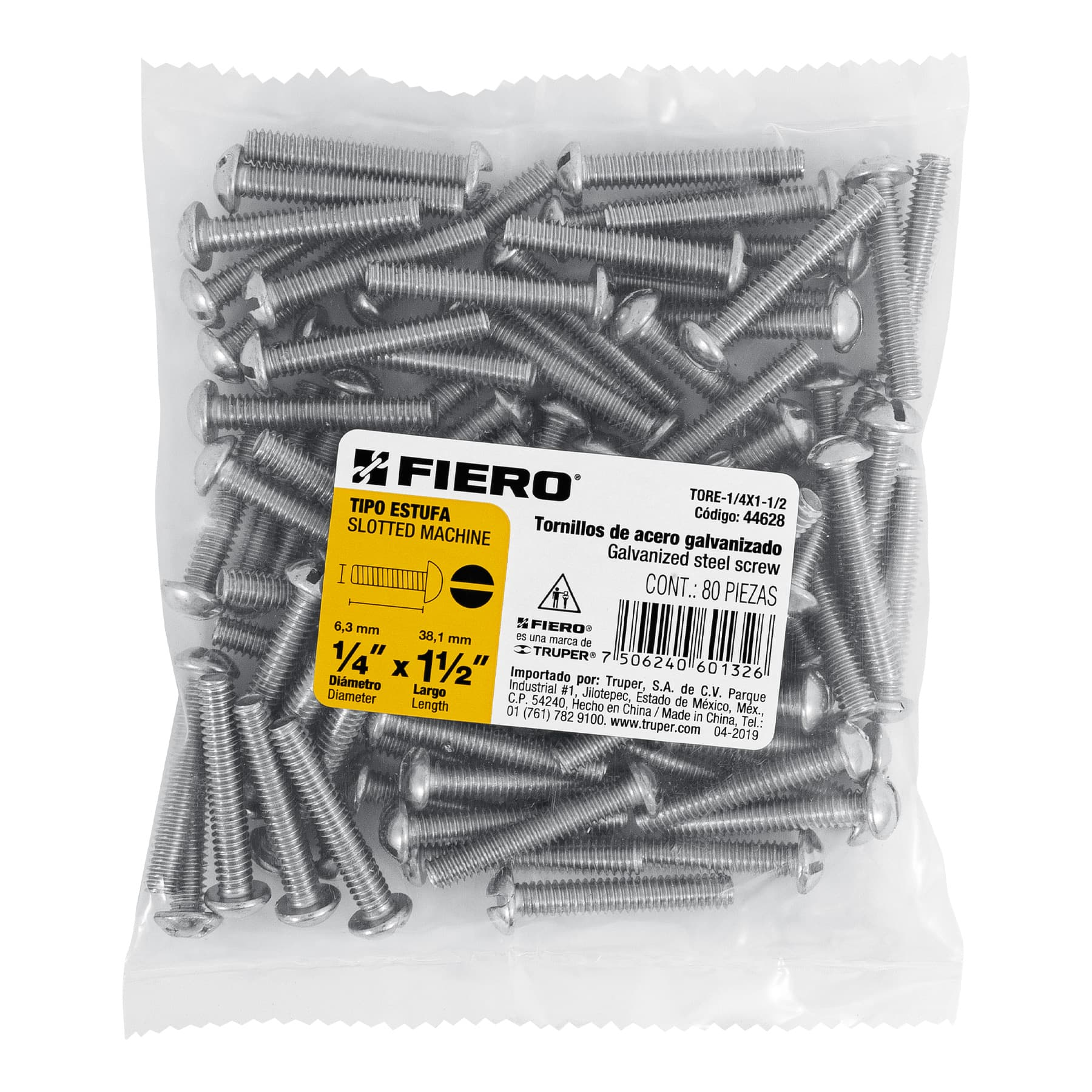 Tornillo acero galvanizado tipo estufa 1/4x1 1/2", 80 pzas