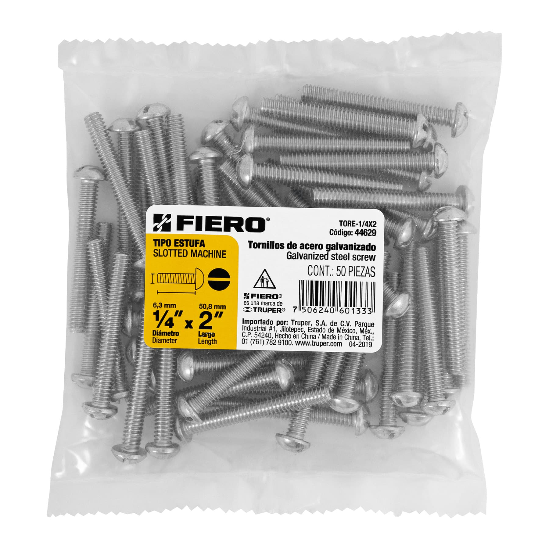 Tornillo acero galvanizado tipo estufa 1/4 x 2", 50 pzas