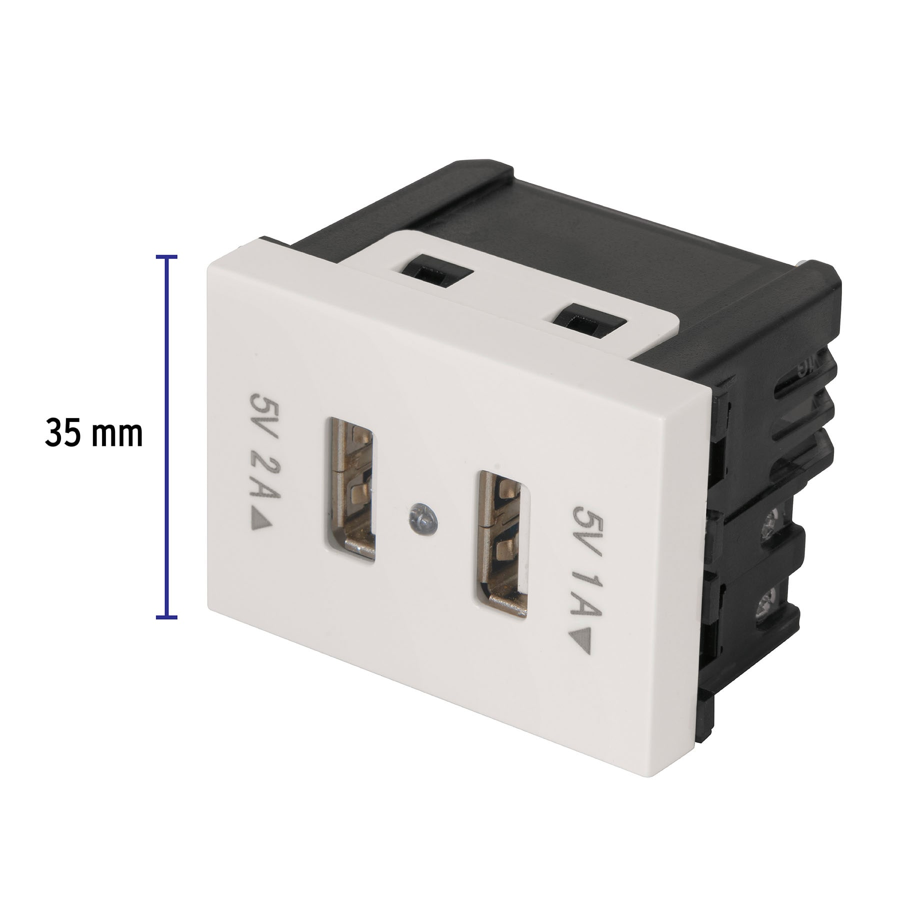 Toma con 2 puertos USB, 1.5 módulos, línea Española, blanco
