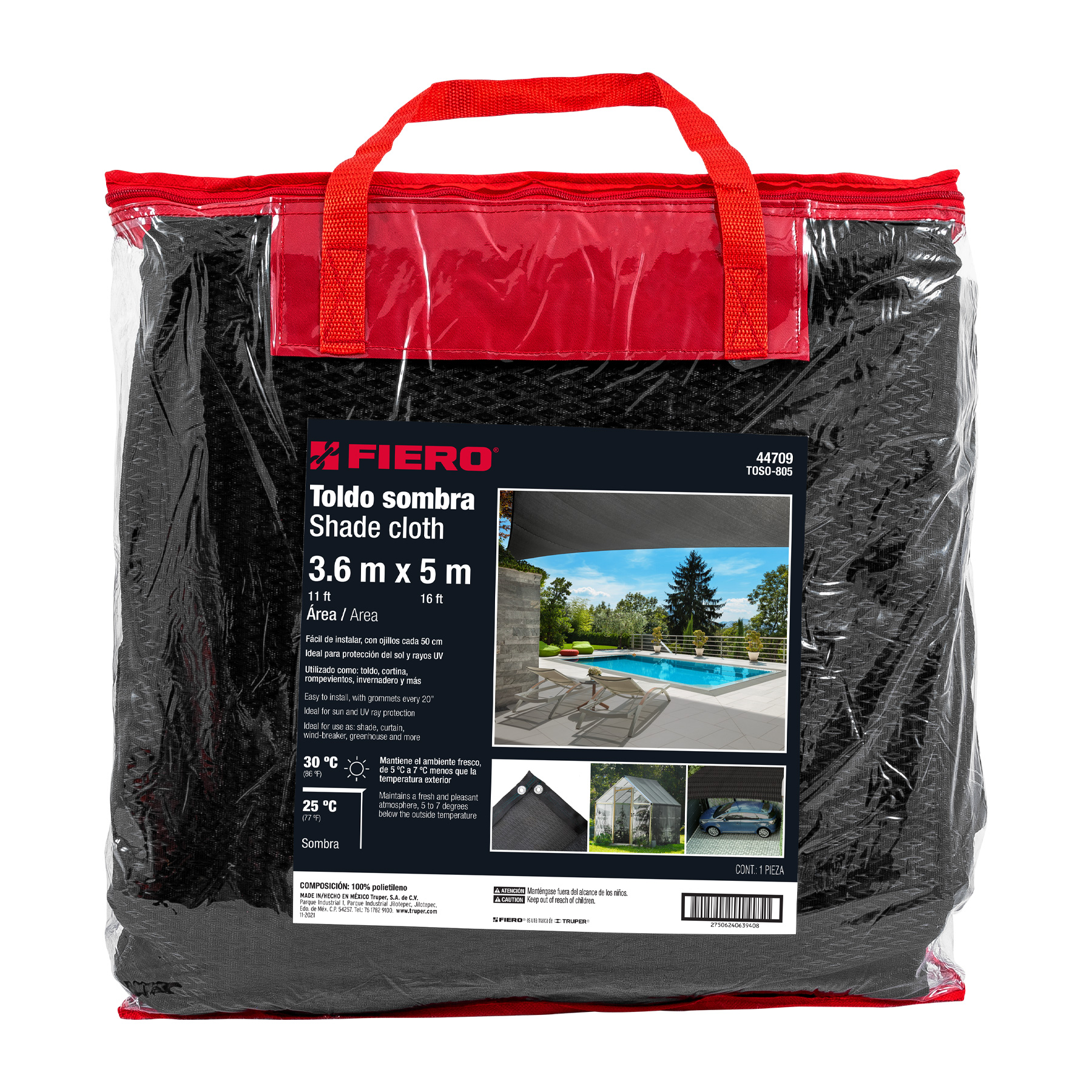 Toldo de polietileno, 80% sombra, 3.60 x 5 m, negro