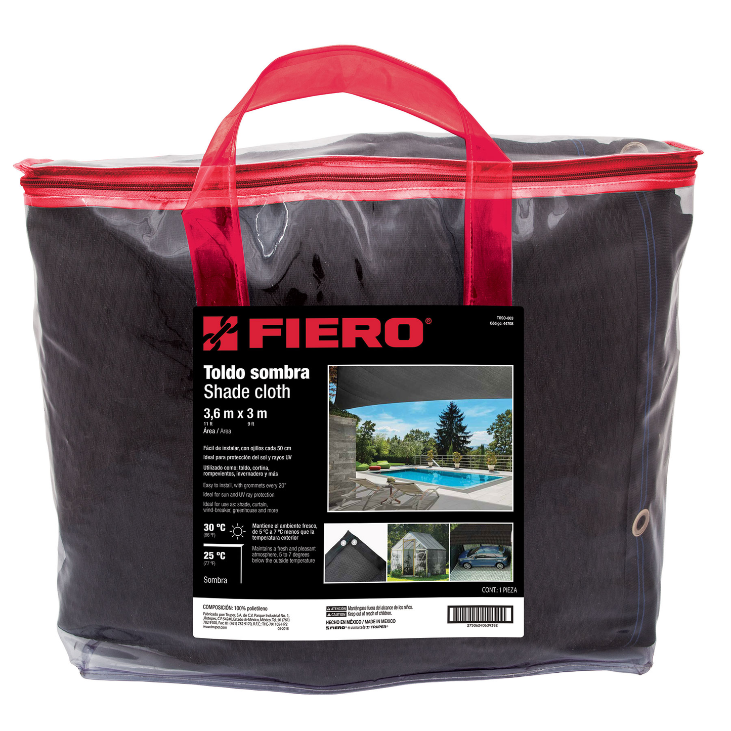 Toldo de polietileno, 80% sombra, 3.60 x 3 m, negro