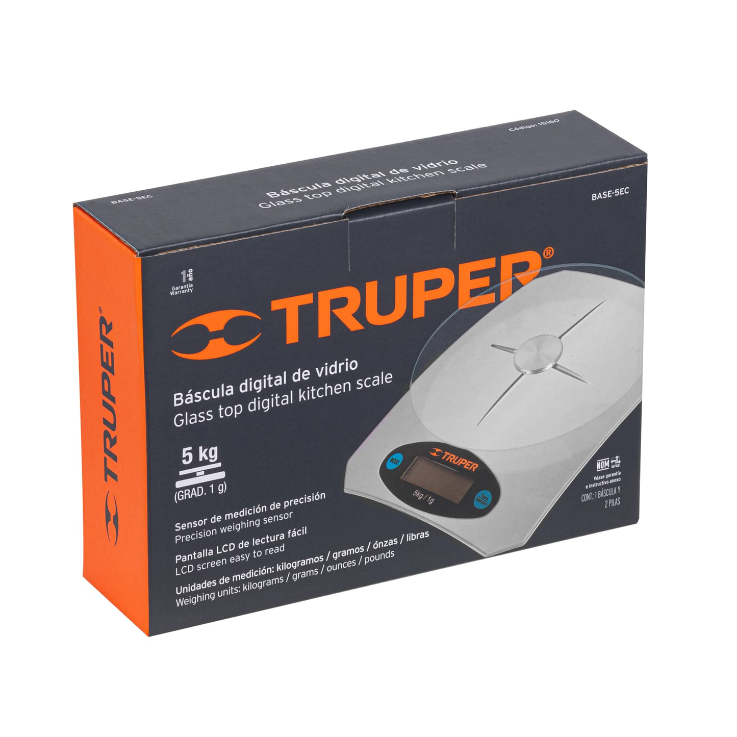 Báscula digital base de vidrio para cocina, capacidad 5kg