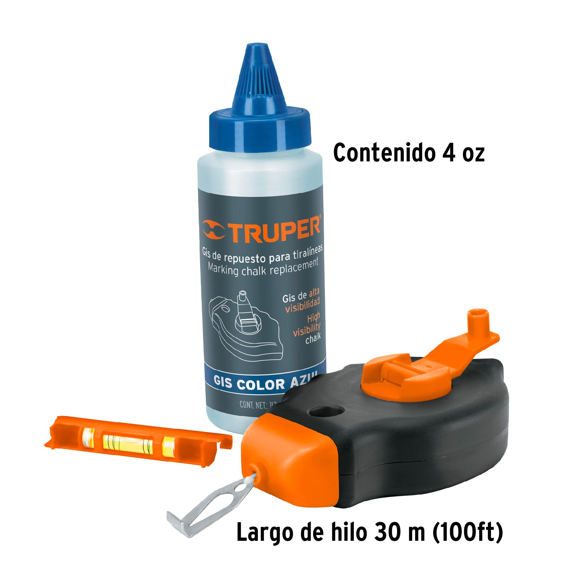 Tiralíneas 30m. cuerpo de plástico y nivel, incluye gis