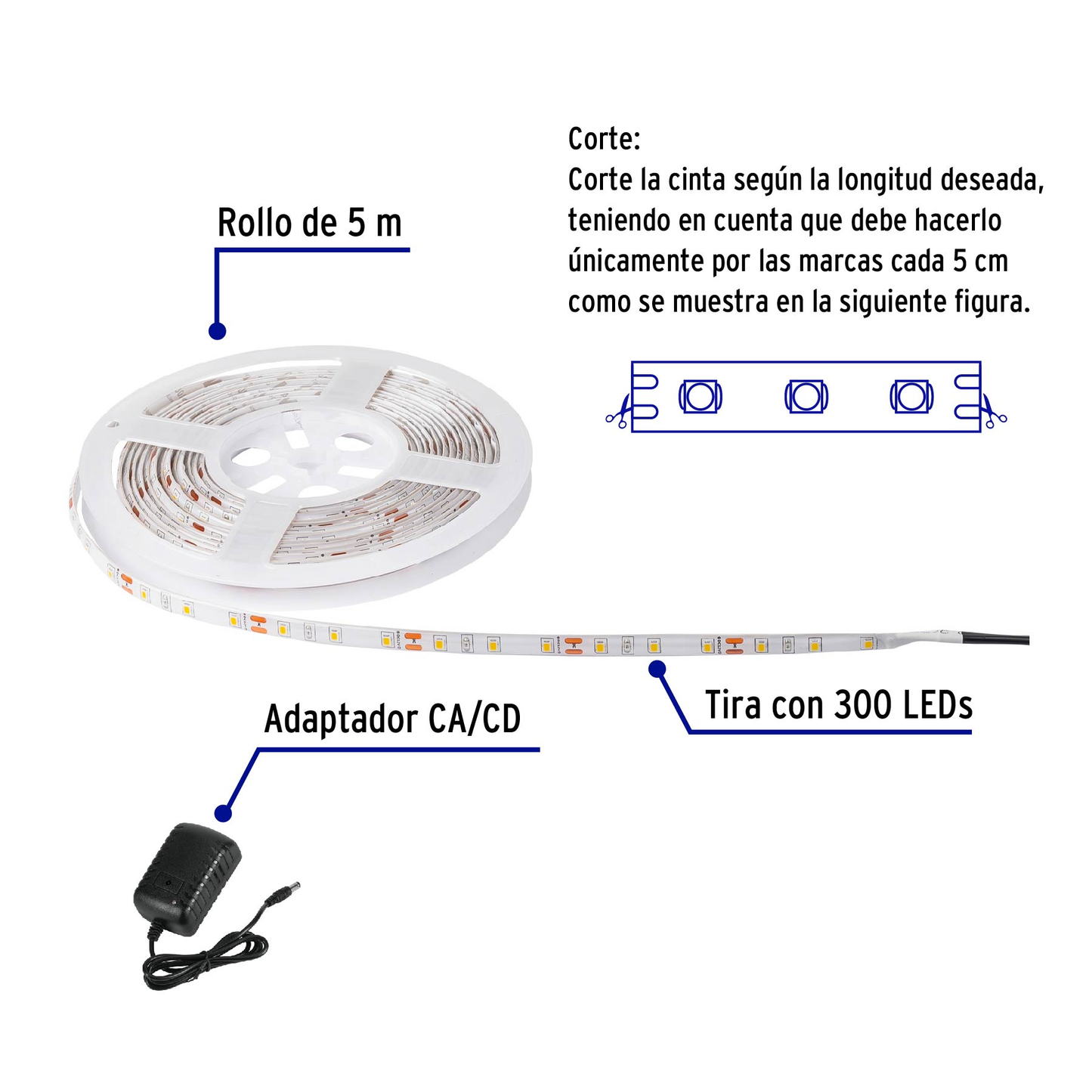 Tira de LED para interior y exterior, 5 m, 18 W, 6500K