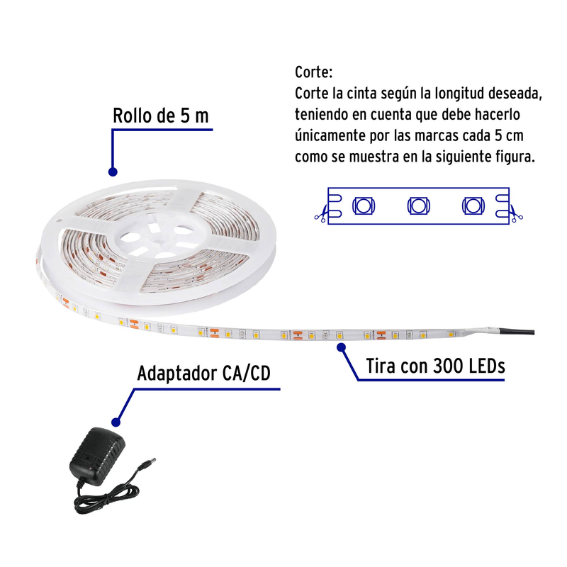 Tira de LED para interior y exterior, 5 m, 18 W, 6500K