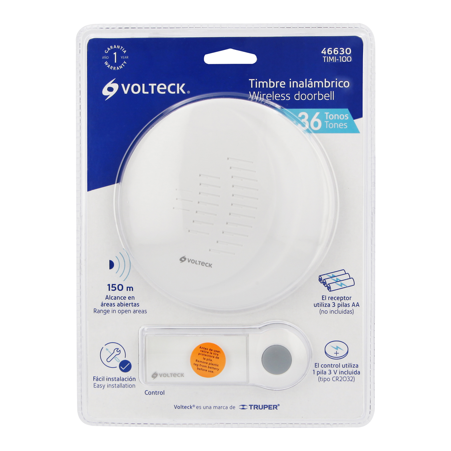 Timbre inalámbrico, 1 control, alcance de 50 m.
