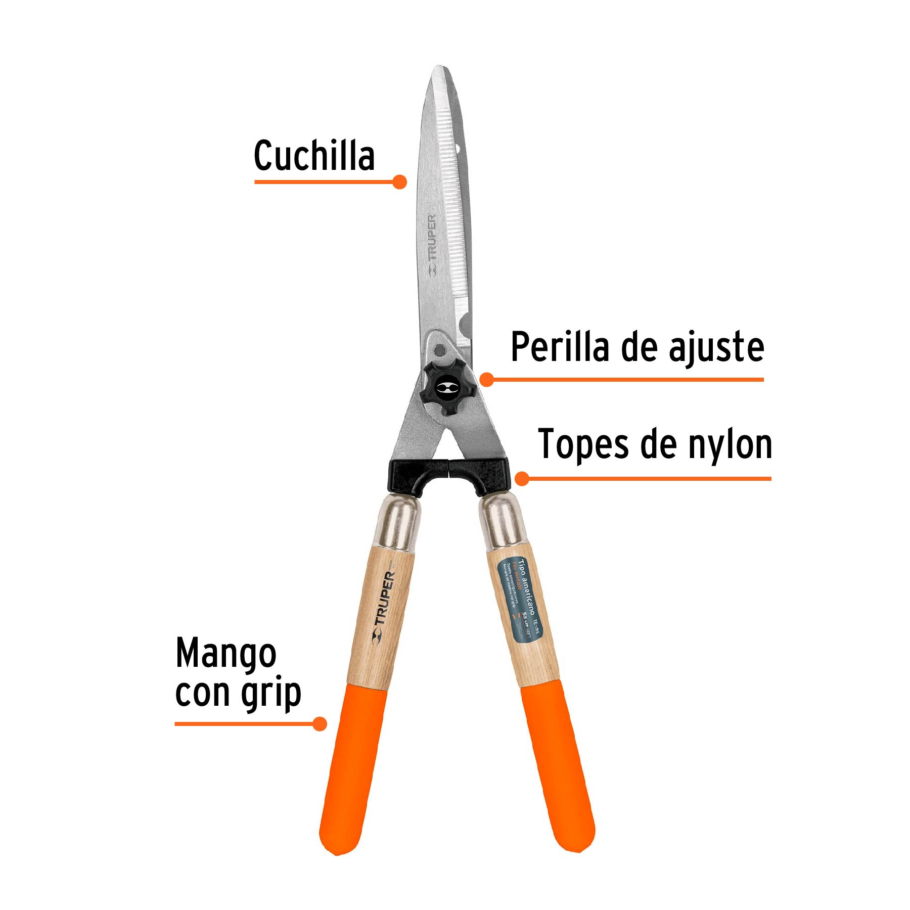 Tijera para poda, tipo americano, 58 cm, con mangos de mader