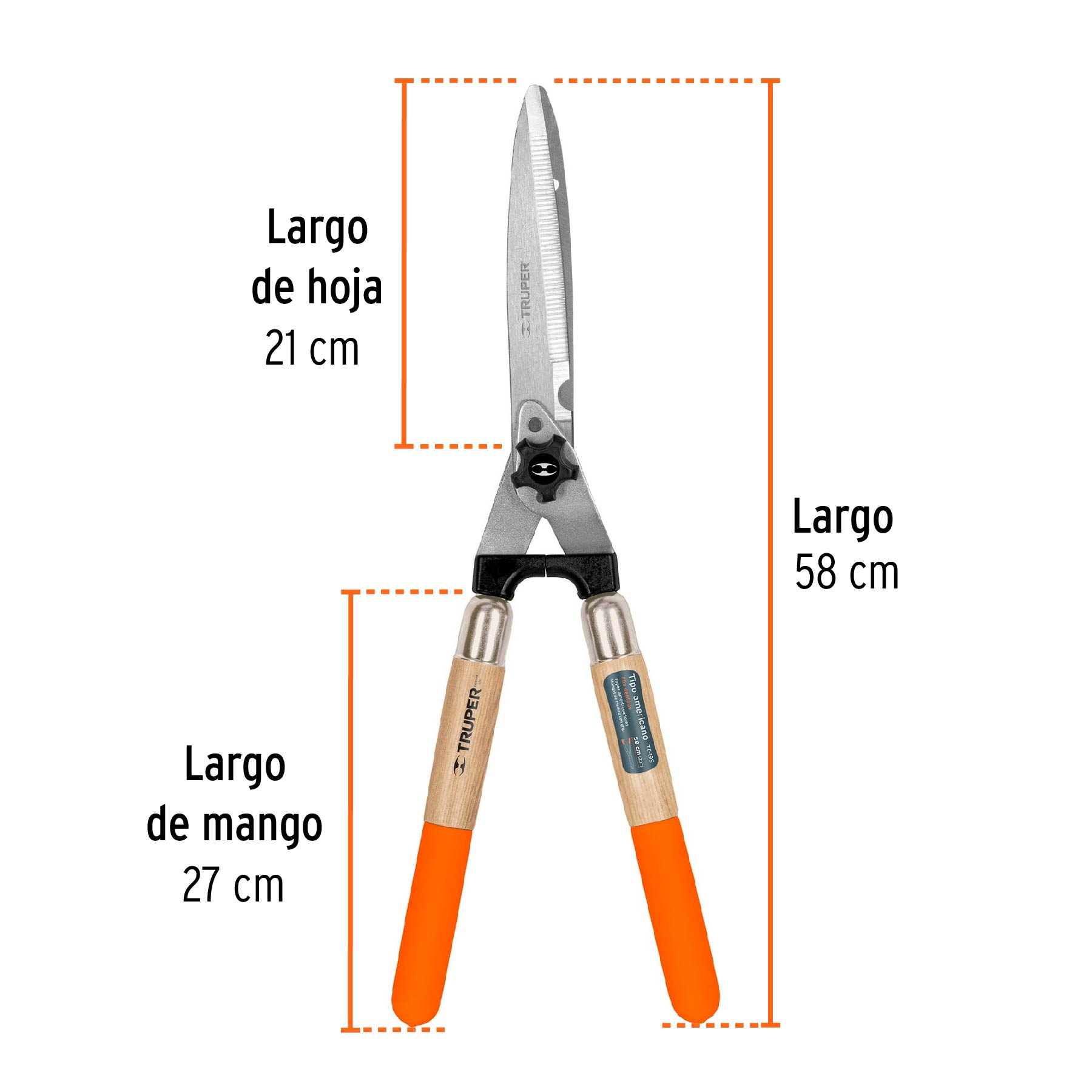 Tijera para poda, tipo americano, 58 cm, con mangos de mader
