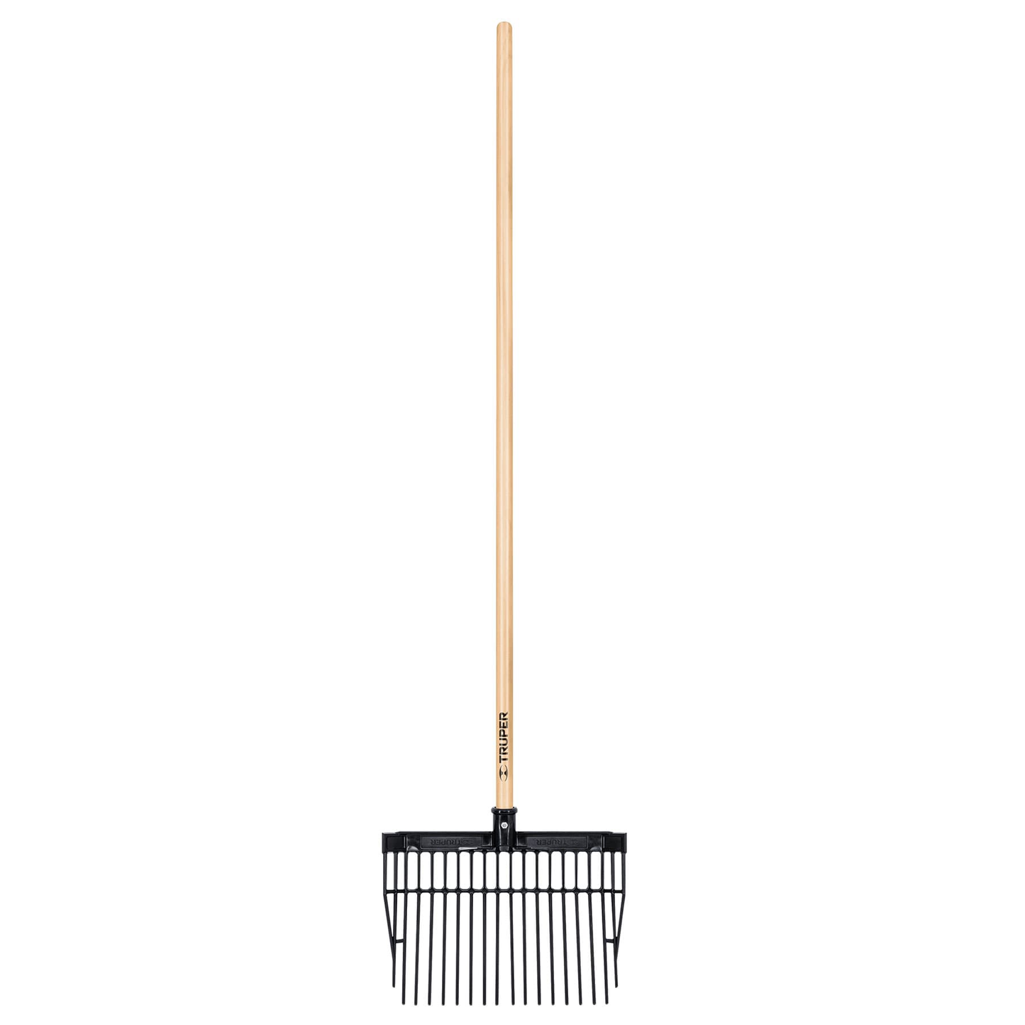 Bieldo cabeza plástica, mango de madera,16 dientes