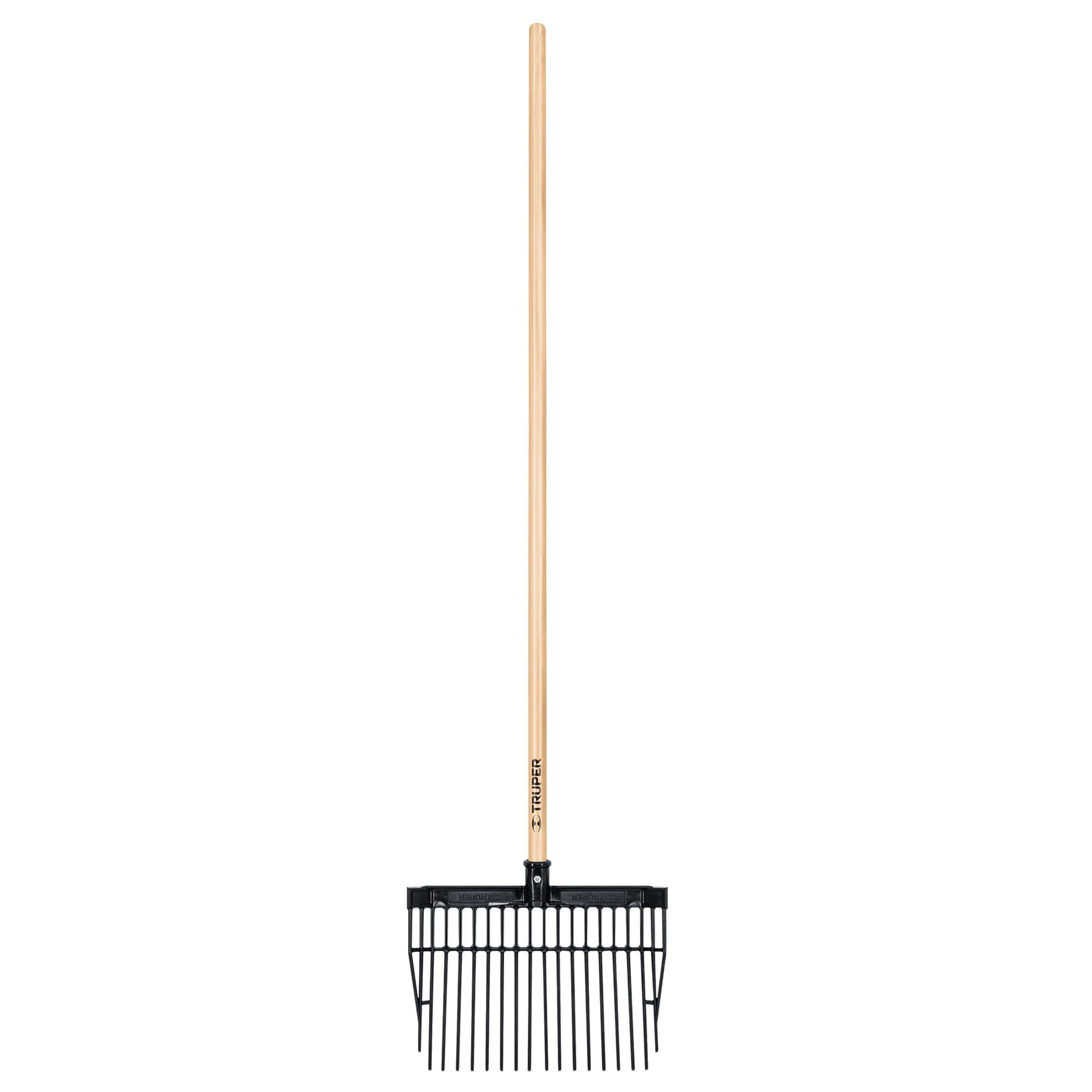 Bieldo cabeza plástica, mango de madera,16 dientes