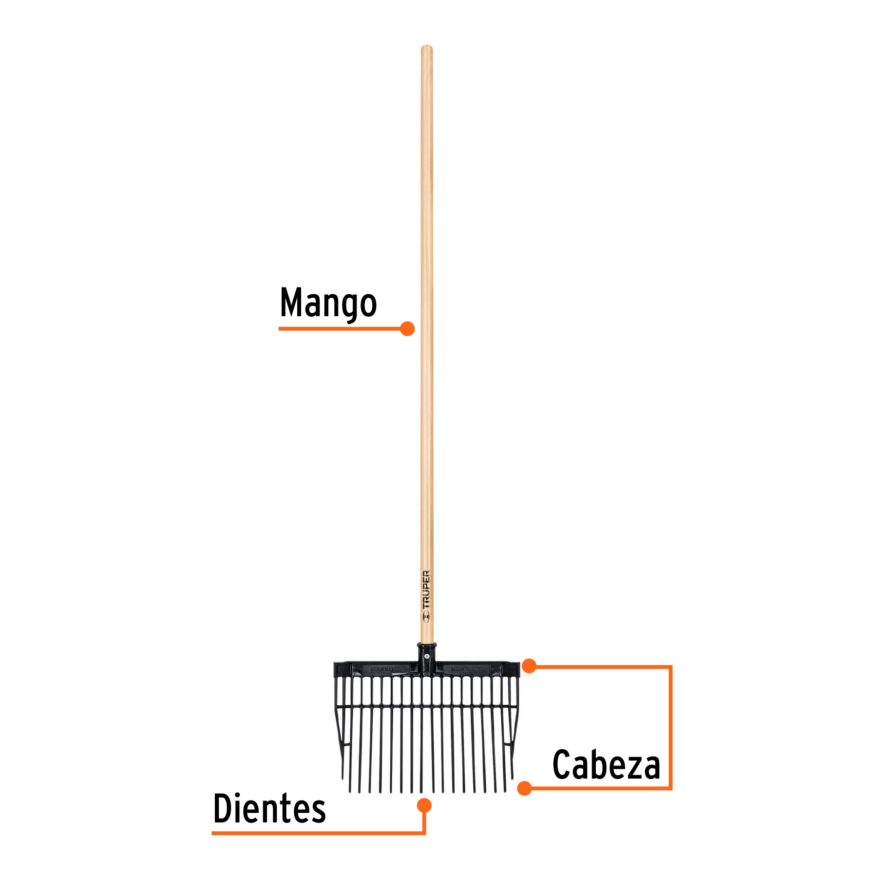 Bieldo cabeza plástica, mango de madera,16 dientes