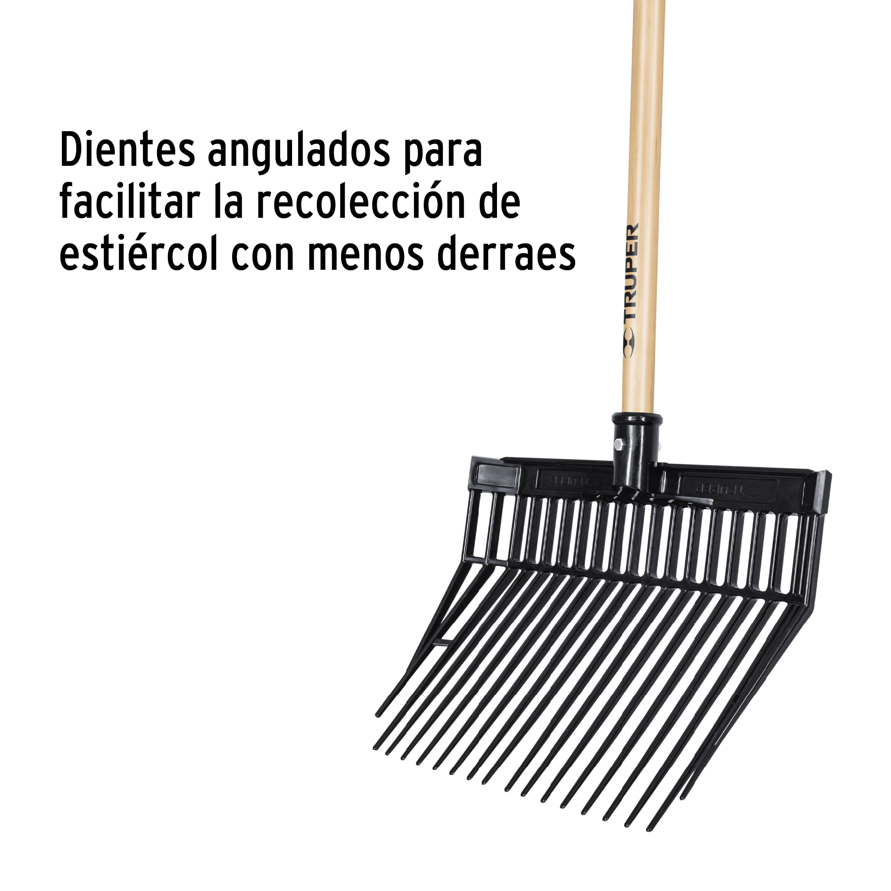 Bieldo cabeza plástica, mango de madera,16 dientes