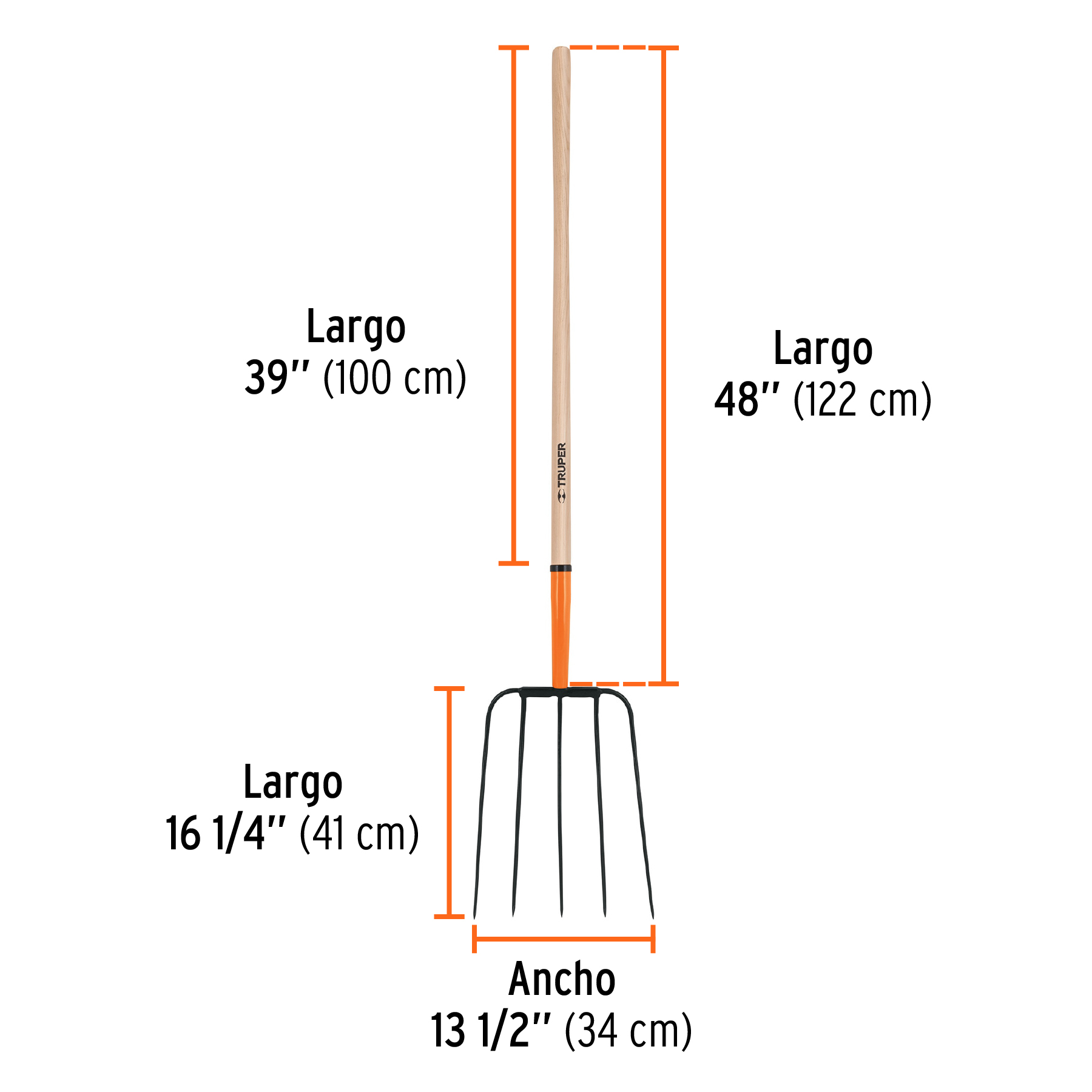 Bieldo para paja, 5 dientes, cabeza grande, mango 48"