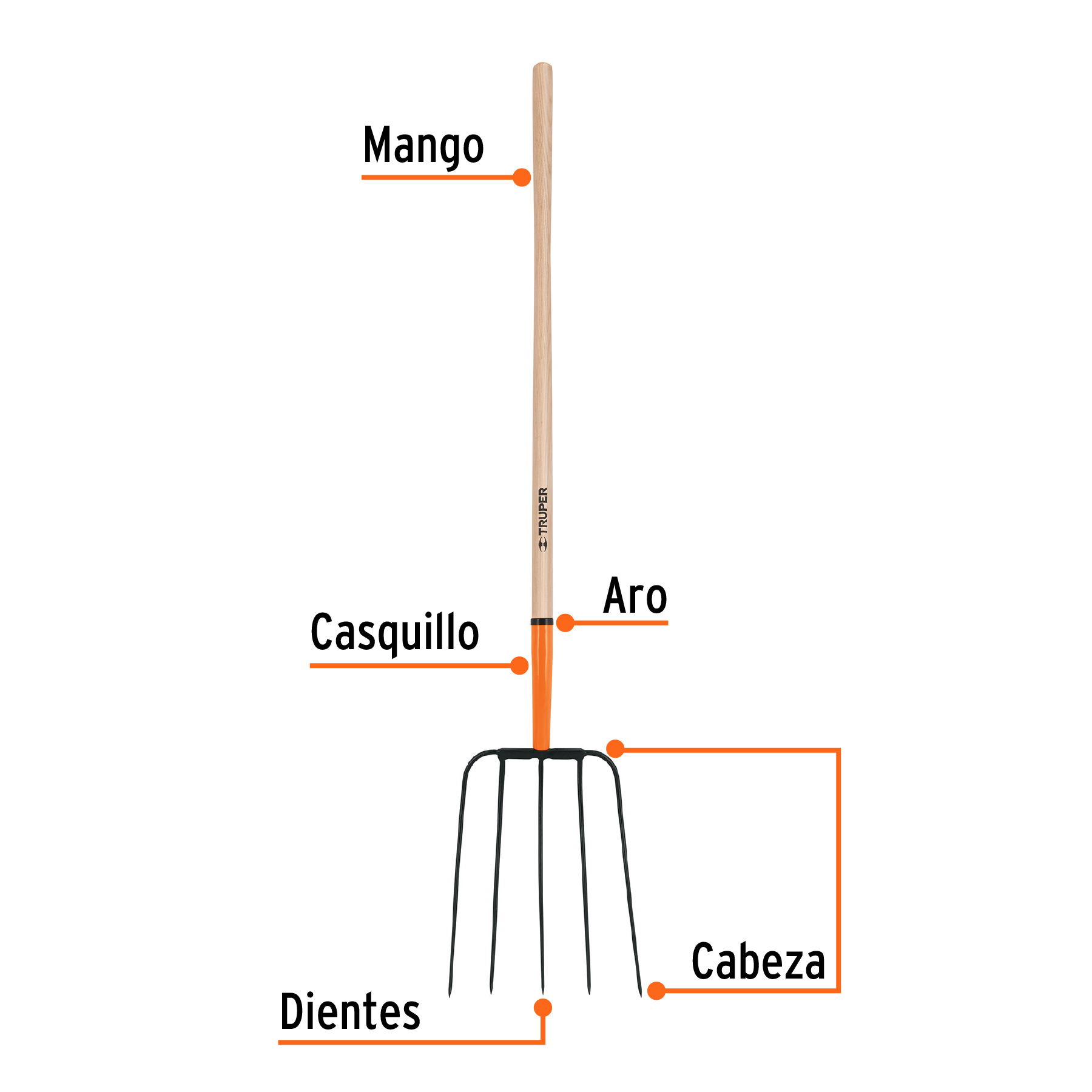 Bieldo para paja, 5 dientes, cabeza grande, mango 48"