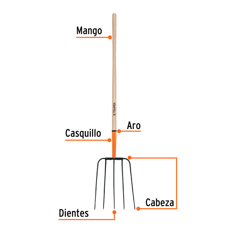Bieldo para paja, 5 dientes, cabeza grande, mango 48"