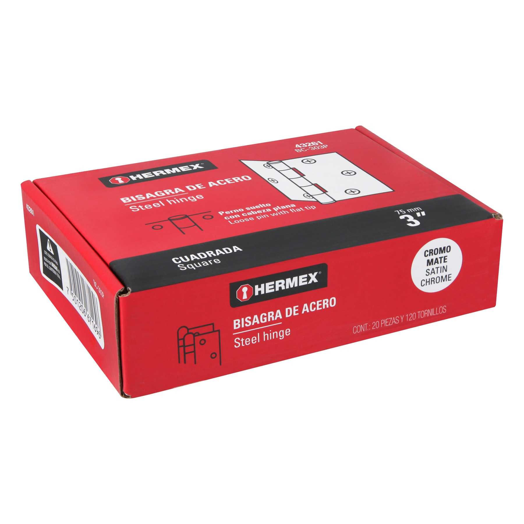 Bisagra cuadrada 3", acero cromo mate, plana