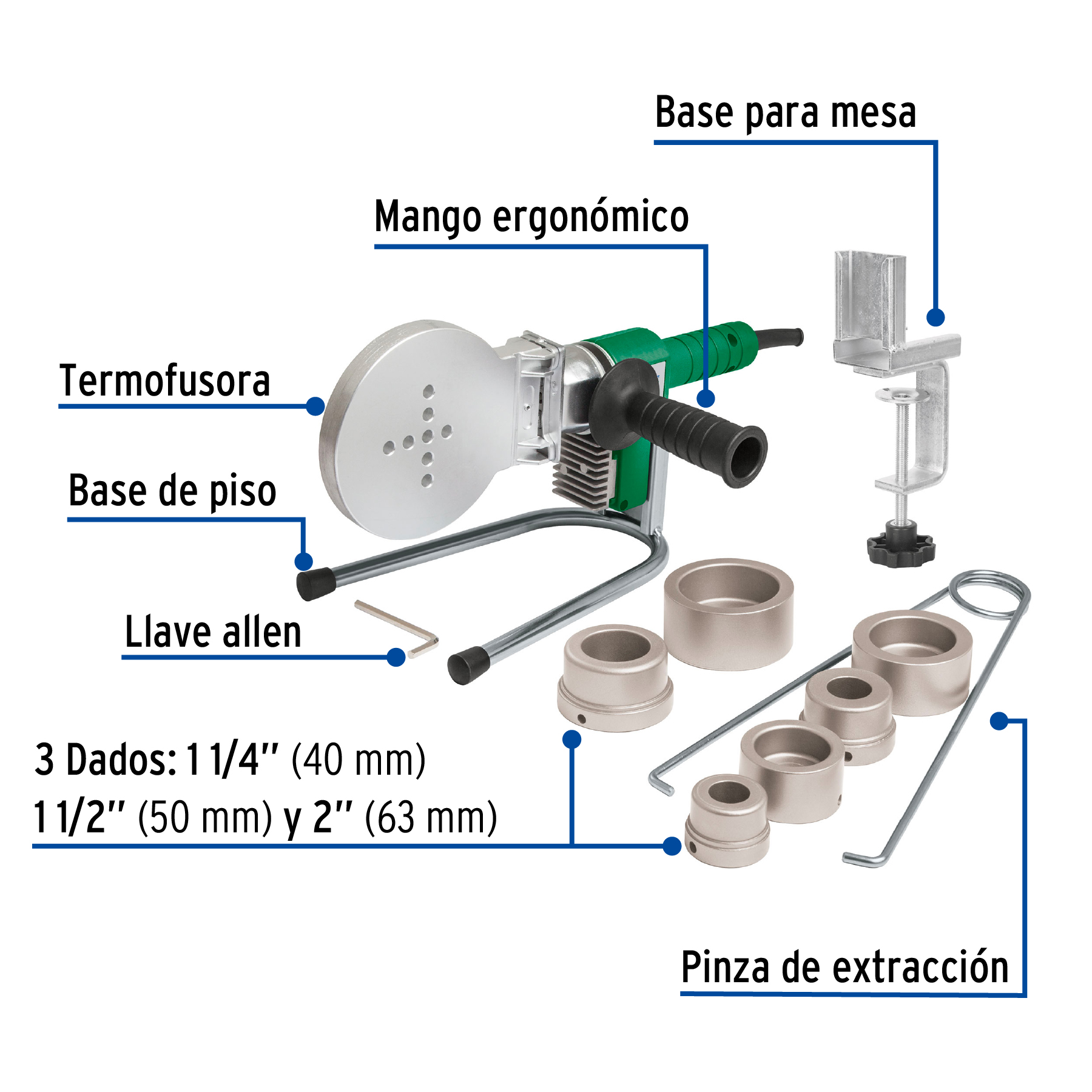 Termofusora 1000W para PPR con dados de 40, 50 y 63 mm