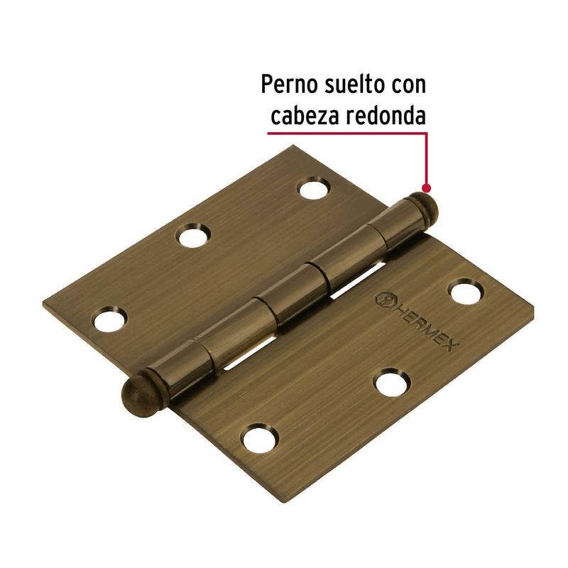 Bisagra cuadrada 3-1/2", acero latonado antiguo, redonda