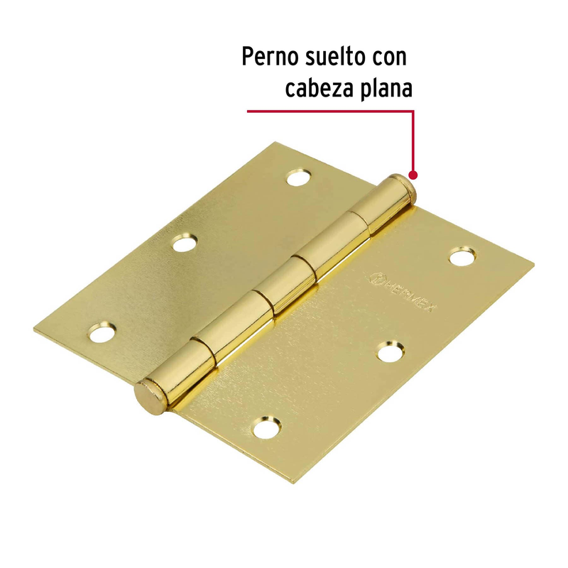 Bisagra cuadrada 3-1/2", acero latonado, plana, Hermex Basic