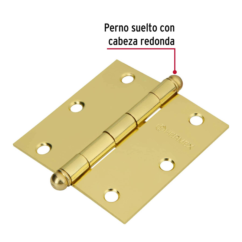 Bisagra cuadrada 3-1/2", acero latonado, redonda