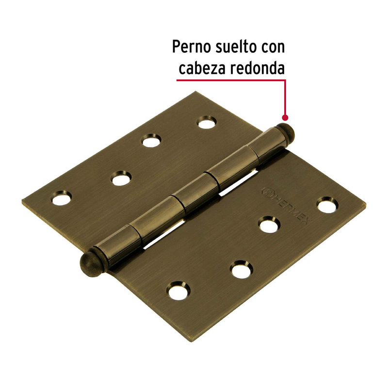 Bisagra cuadrada 4", acero latonado antiguo, redonda