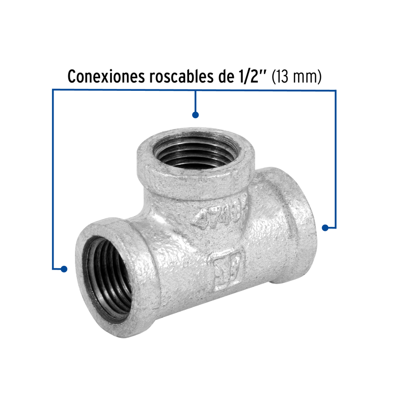 Tee sencilla, acero galvanizado, 1/2"