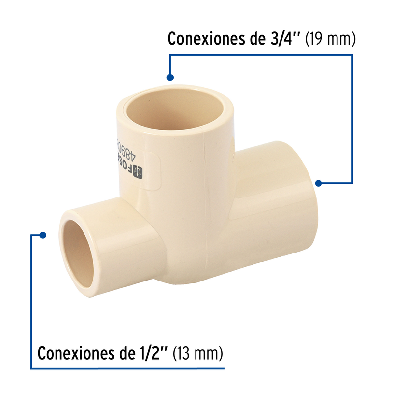 Tee reducida lateral de CPVC 3/4" x 1/2" x 3/4", FOSET
