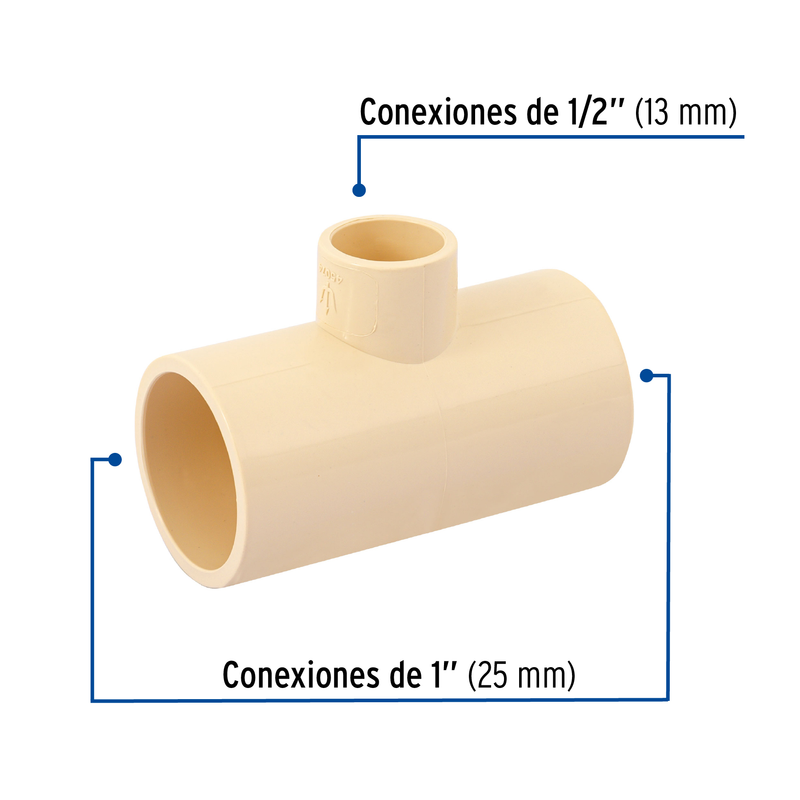 Tee reducida de CPVC, 1" x 1" x 1/2"