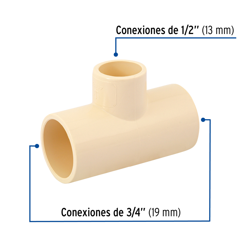 Tee reducida de CPVC, 3/4" x 3/4" x 1/2"