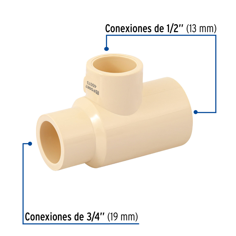 Tee reducida de CPVC, 3/4" x 1/2" x 1/2" 