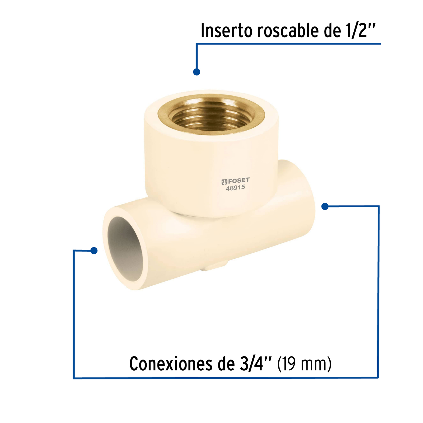 Tee reducida CPVC latón rosca interior 3/4x3/4x1/2"