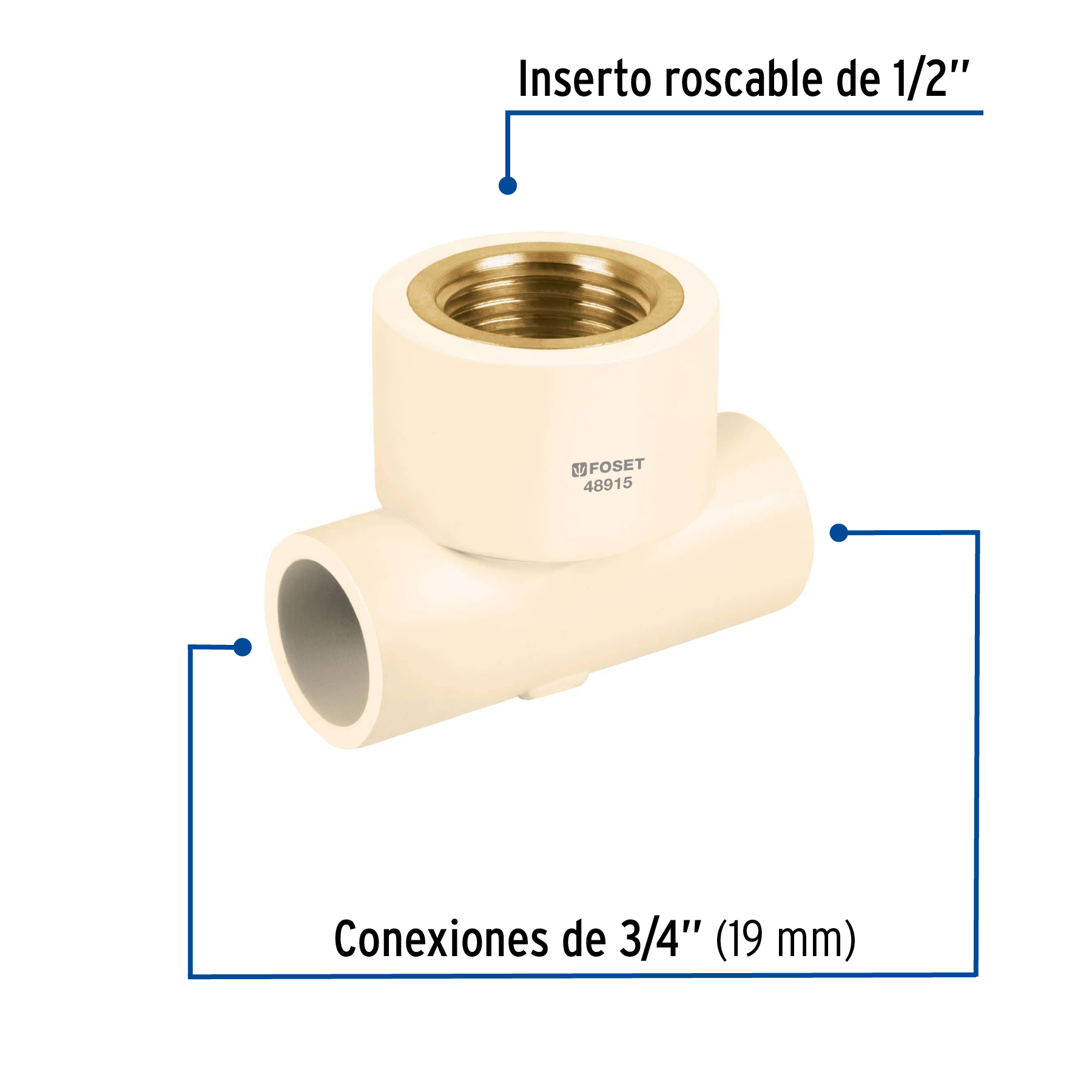 Tee reducida CPVC latón rosca interior 3/4x3/4x1/2"