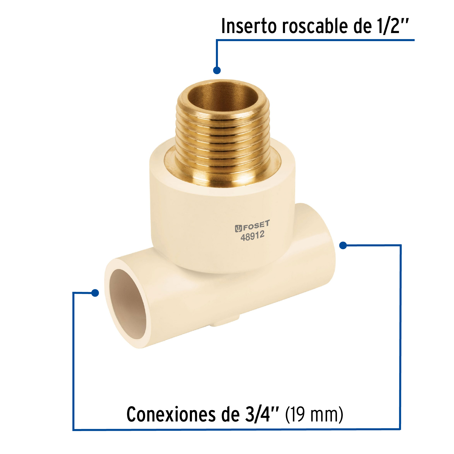 Tee reducida CPVC latón rosca exterior 3/4x3/4x1/2"